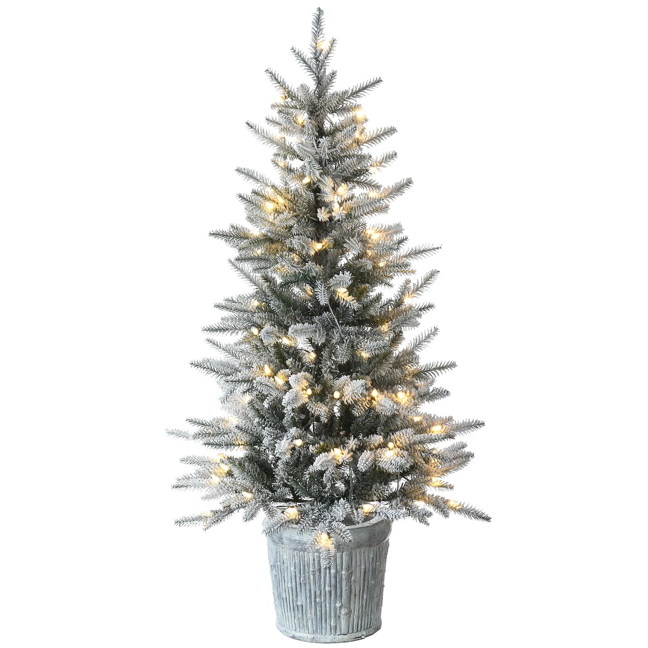 4.5ft. Pre-Lit Flocked Alpine Fir Entrance Tree In Gray Pot, Clear LED Lights